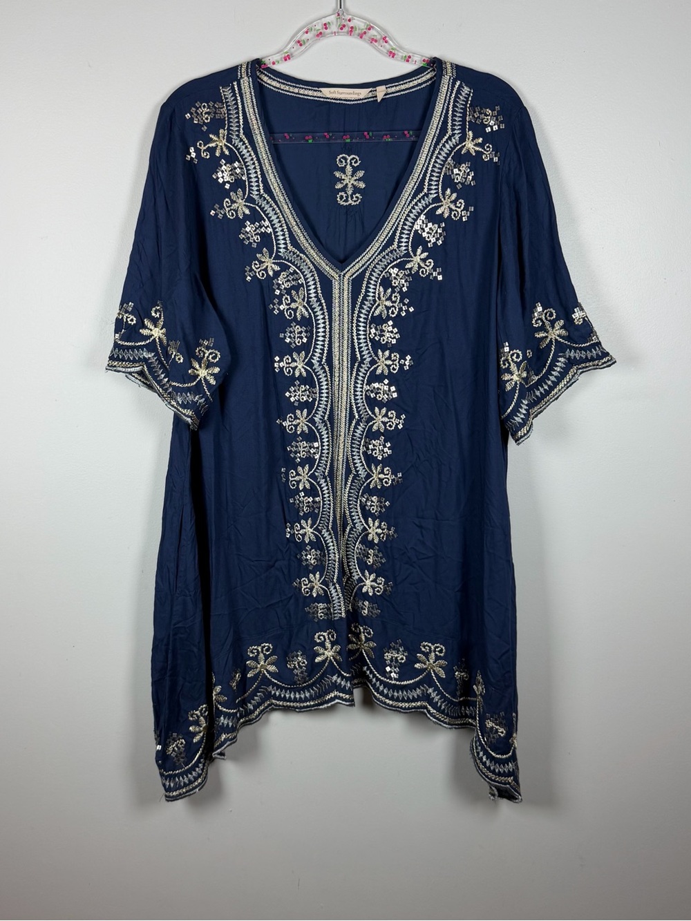 SOFT SURROUNDINGS Navy Blue Embroidered Gold Tunic Top Resort Boho Size XL